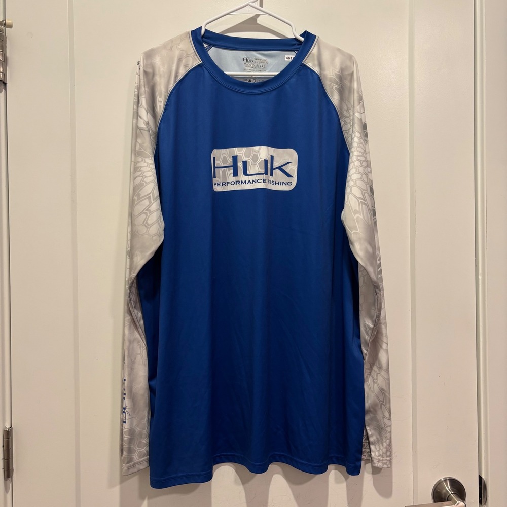Huk Performance Fishing Shirt Mens XXXL Blue Gray Camo Raglan Long Sleeve Tee